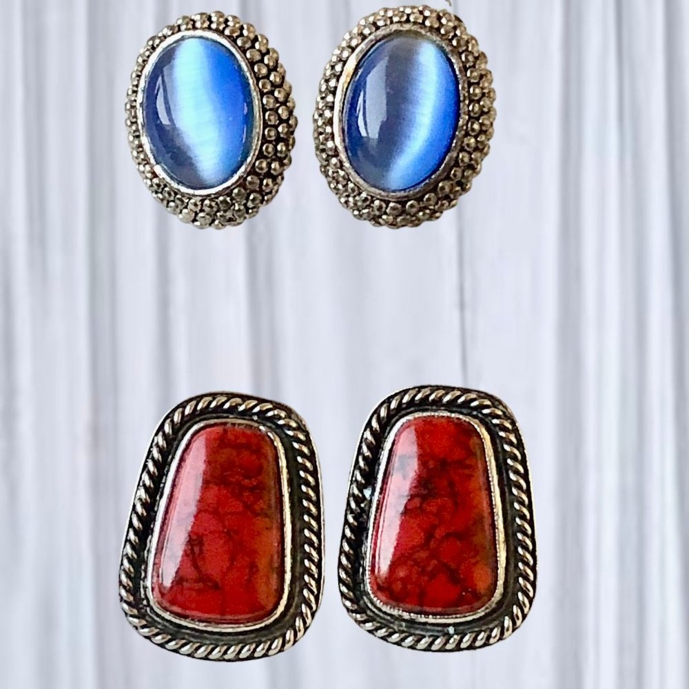 Vintage Earrings Silvertone and Faux Gemstones Screwback + Clip On 2 pairs